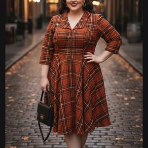 New Hell Bunny Rust Plaid Vintage Dress